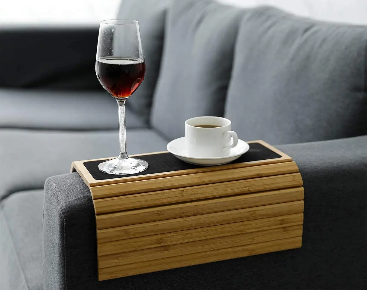 New Design Bamboo Sofa Arm Clip Tray Side Table TV Serving Tray Cup Plate Couch Table for Couch Drink Snack Living Room