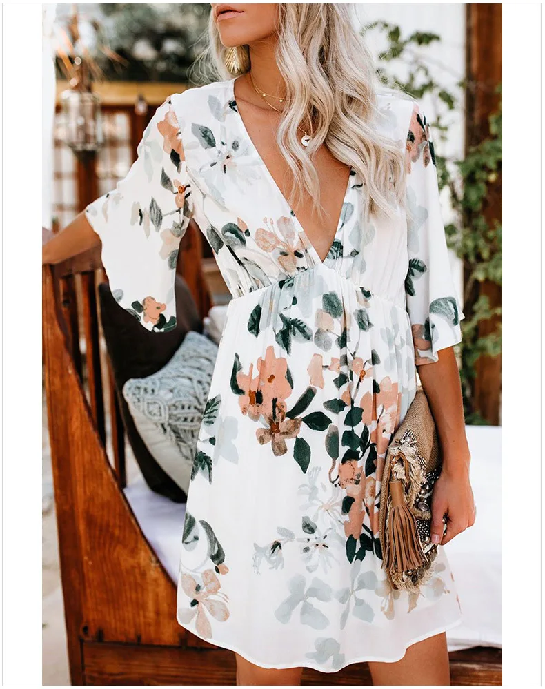 Wholesale Ladies Summer Floral Dress Street Trendy V neck Originality Irregular Women Dress