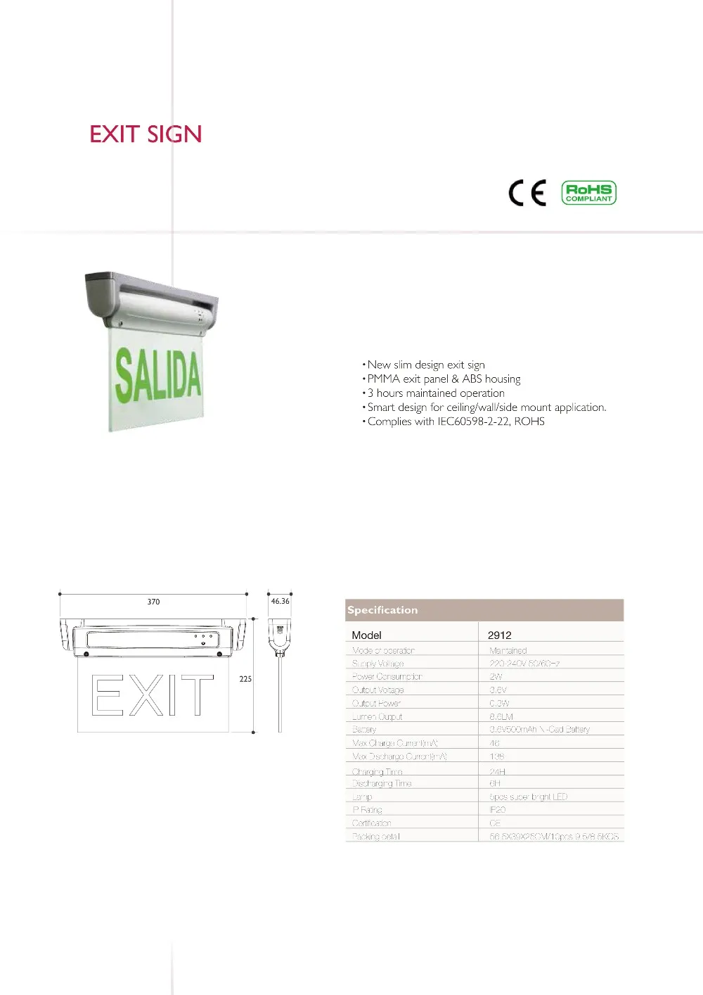 Made by FEITUO CE Listed LE2912 LED emergency exit sign* with 3.6V NiCd rechargeable battery backup, UL-94V-0 flame rating