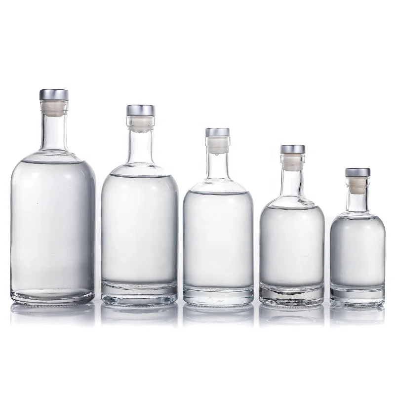 200ml 375ml 500ml 750ml 1000ml Transparent Round Empty Flint Glass Liquor Wine Whisky Vodka Tequila Bottle with Sealed Cork Lid