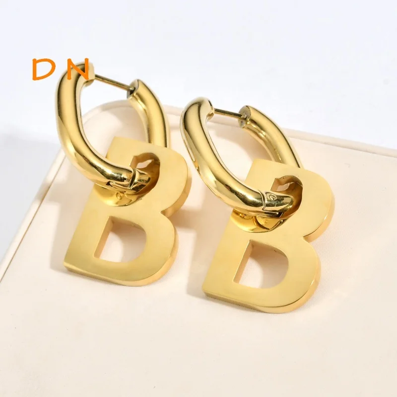 Dina Woman Fashion Trendy Letter B 18K Gold Plated Stainless Steel Earrings Loop Jewelry