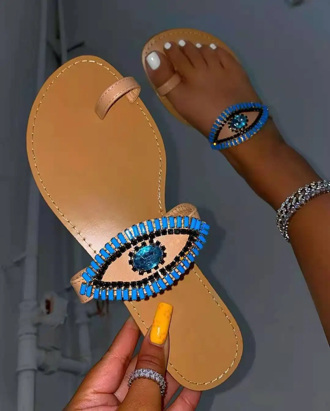 
PDEP new style outdoor custom sandals for women latest slippers for ladies flat blue evil eye sandals 