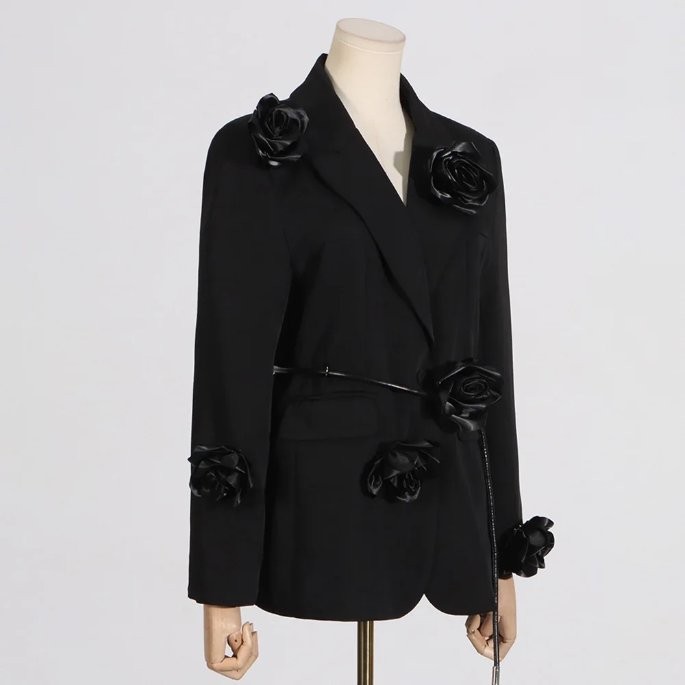 TWOTWINSTYLE Advanced Design Top Quality Elegant Personalized Black 3D Flower Deep V Neck Women Suit Two Piece Sets