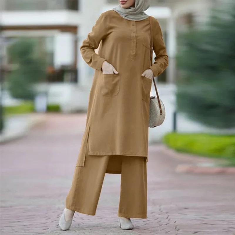 EID Long-sleeved Shirt Trousers Suit Solid Color 2Pcs/set Crew Neck Eid Modest Abaya Dubai 2024 Clothing Set Muslim Women Dress