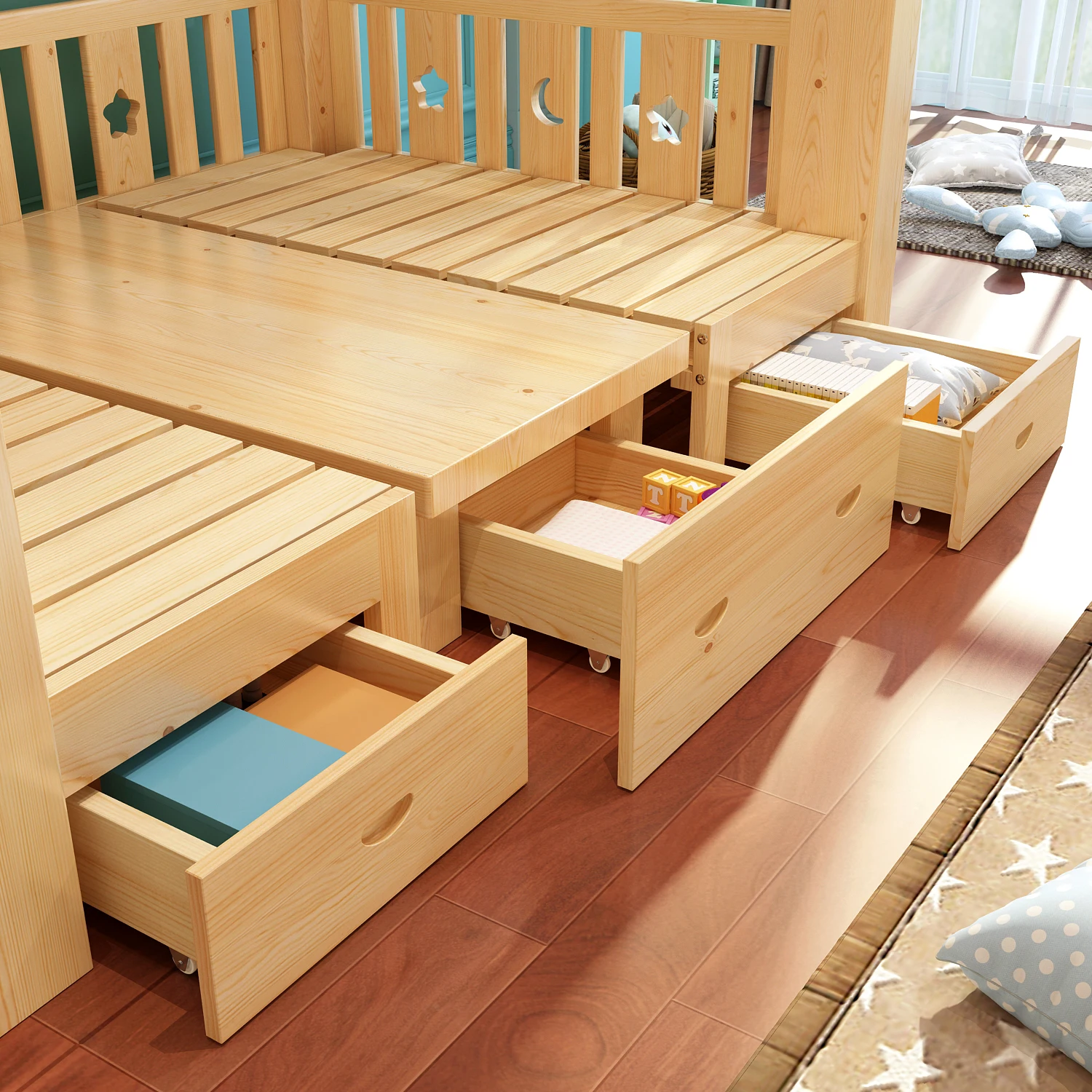 
Children Furniture 2 Floor Wooden Child Bunk Bed With Slide For Kids Bedroom Set 