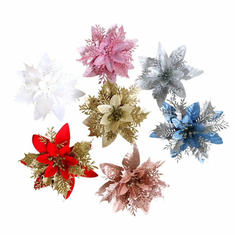 Party Decorations Velvet Floral Colorful Christmas Tree Flowers Poinsettia Flower Artificial Christmas Ornament