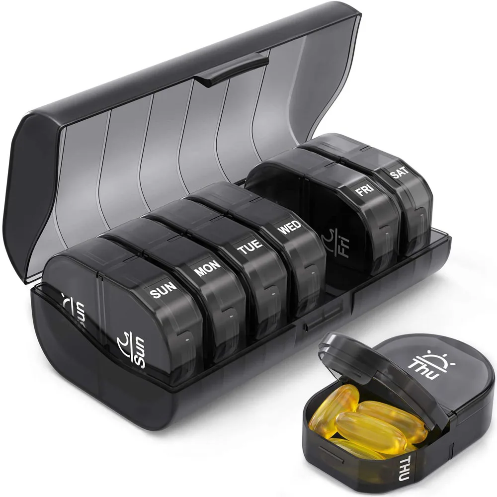 Pill Box 2 Times a Day Weekly Pill Organizer AM PM with 7 Daily Pocket Case Black Storage Box
