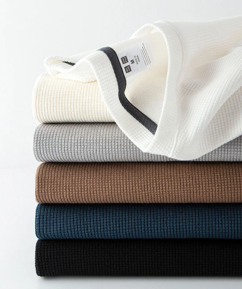Custom long sleeve high quality cotton waffle knit t shirt heavyweight plain men shirt