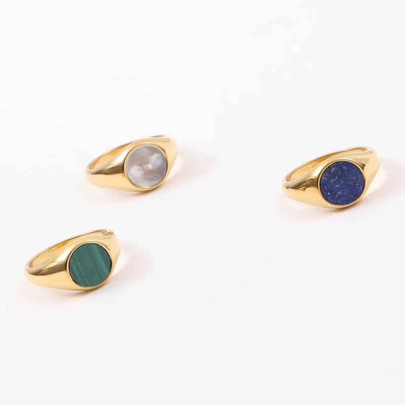 Natural Stone Ring Stainless Steel Rings Natural Green Malachite Blue Celestite Round Signet Rings Custom Jewelry for Women