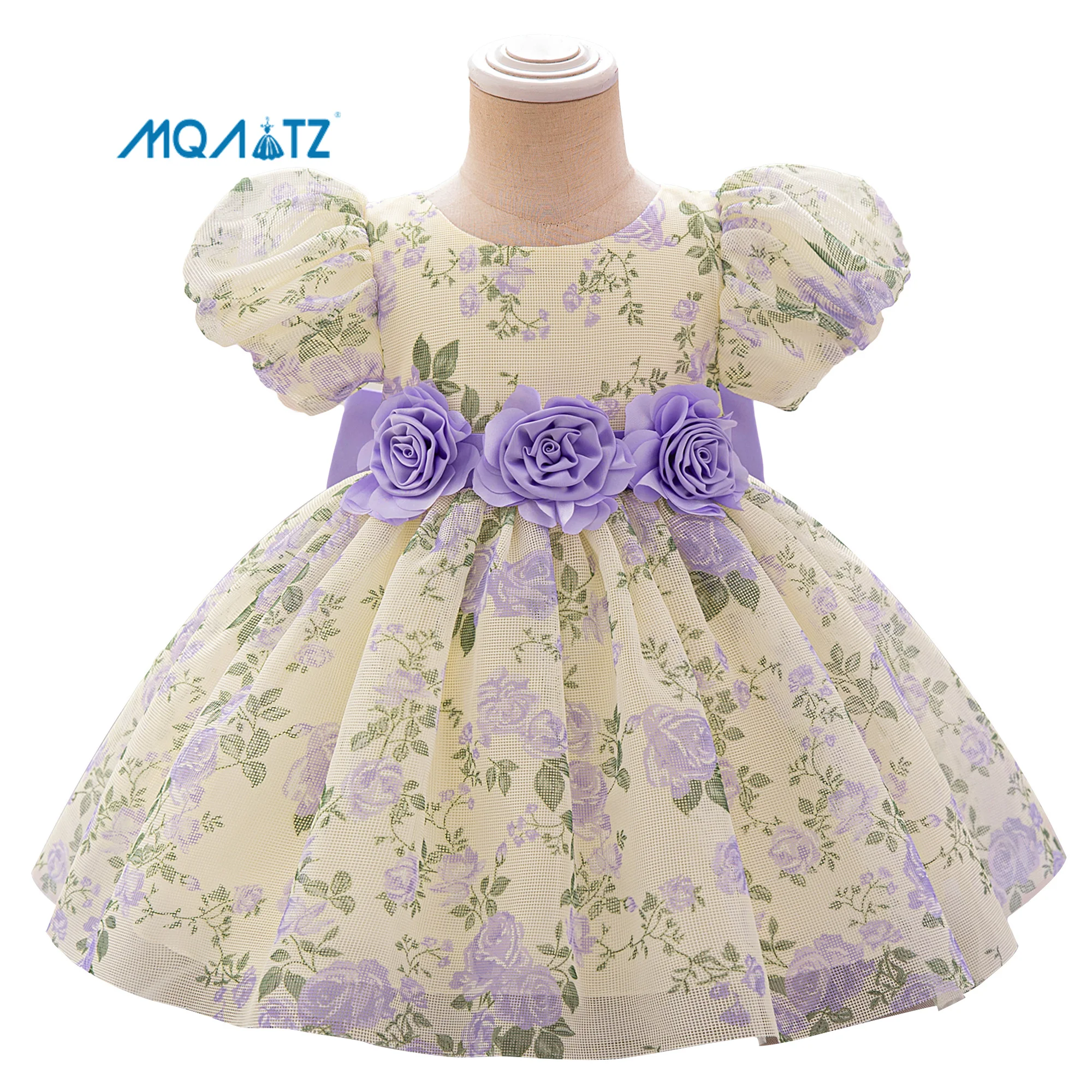 MQATZ Hot Sale Flower Girl Dress 2-Year-Olds Champagne Print Ball Gown Ruffle Decoration Short Sleeve Beach Winter L2300XZ