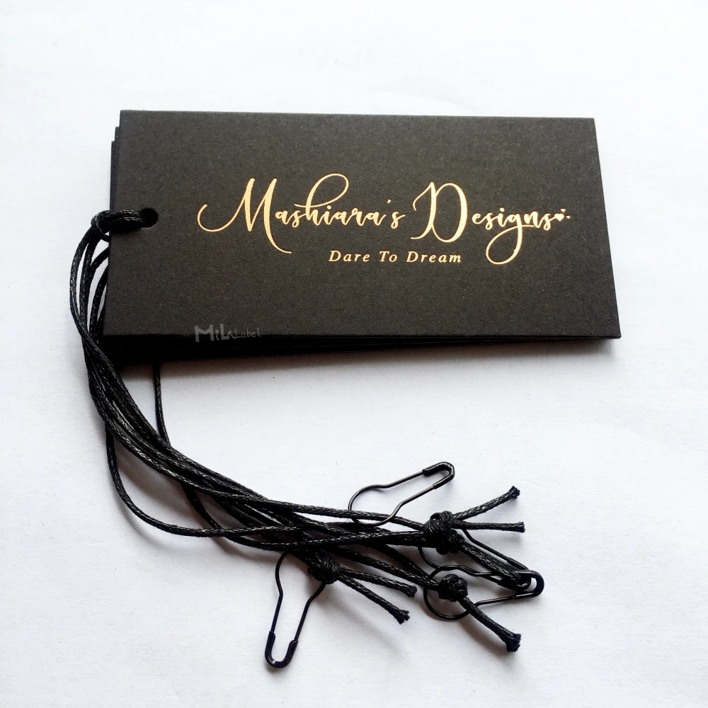 custom Black label hang tag with rose gold logo Recycled paper gold foil stamping logo clothing tag with string and pins