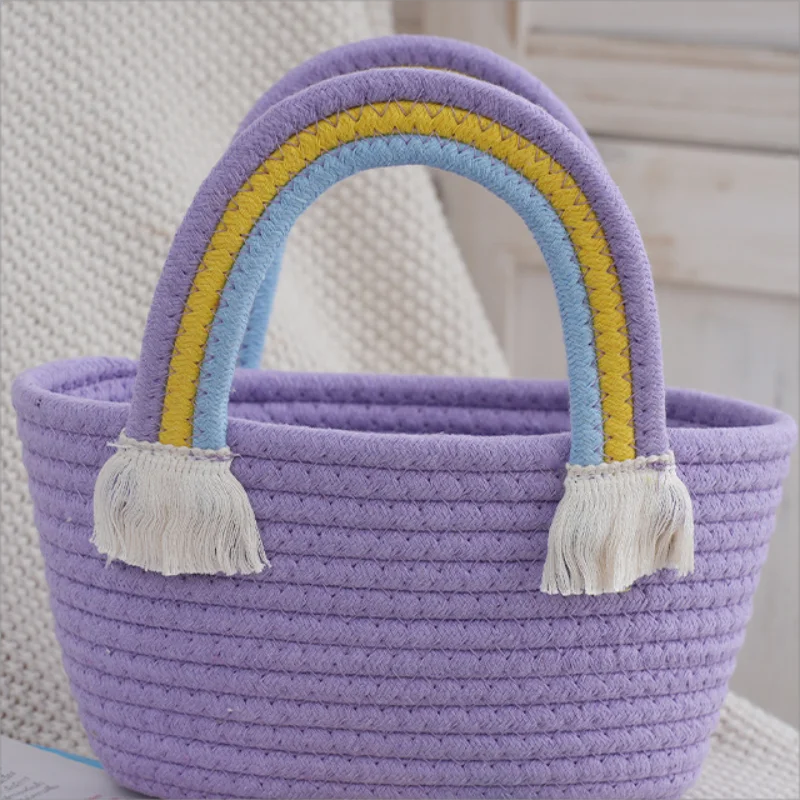 Woven Cotton Rope Basket Cotton Rope Handbag with Rainbow Handles Mini Tote Handbags Handmade Beach Bags
