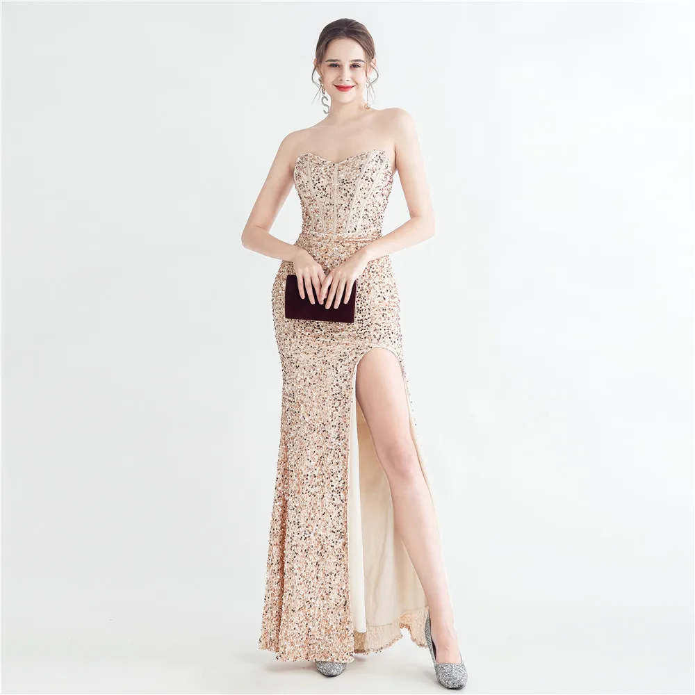 31155# Foreign trade new product magic beads back strapping corsage-style side split plastering Fishbone evening gown