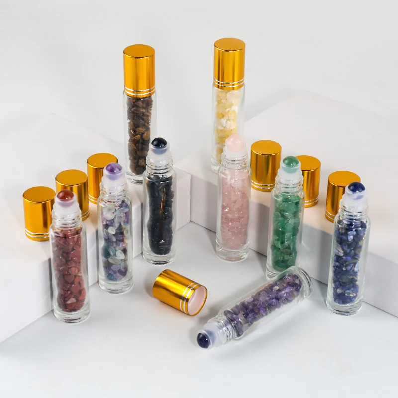 Clear Glass Roller Bottles 10ml Gemstone Essential Oil Roller Bottles with Silver Aluminum Cap and Crystal Stone Roller Balls