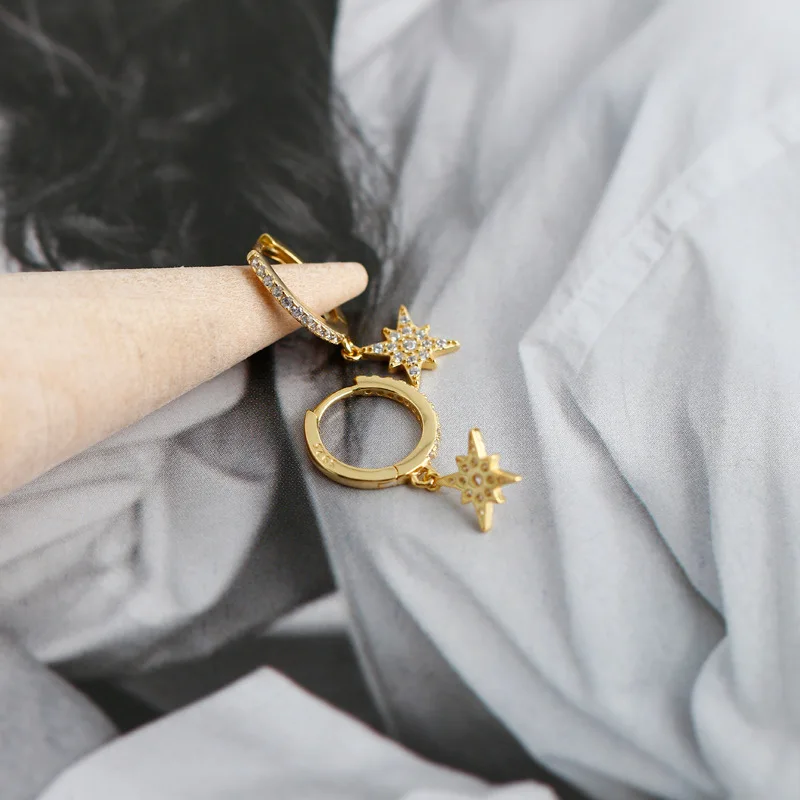 Shiny Star Zircon Hoop Earrings 18K Gold 925 Sterling Silver Earring Women Fashion Jewelry