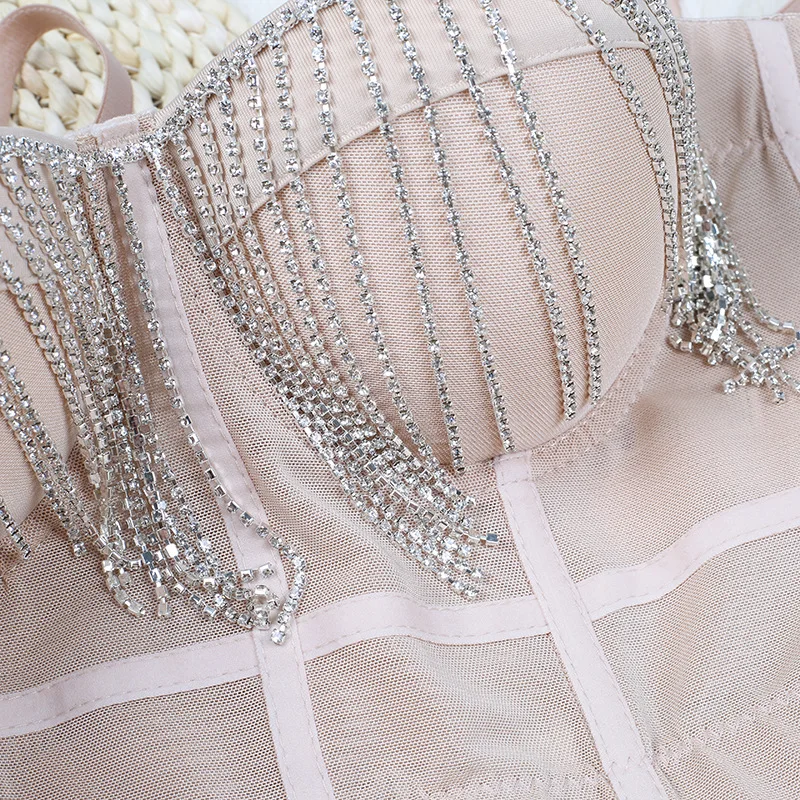 Female Trendy Bling Rhinestones Corset Cropped Top Ladies Sexy Party Diamond Bra Camisole Tank Top