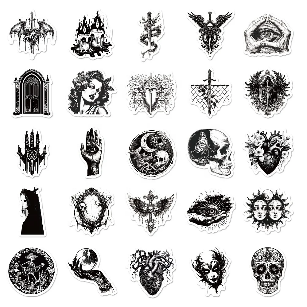 50 PCS Hot Selling Black & White Personality Gothic Style Stickers, Skull Cool Fashion Horror Series Waterproof Stickers