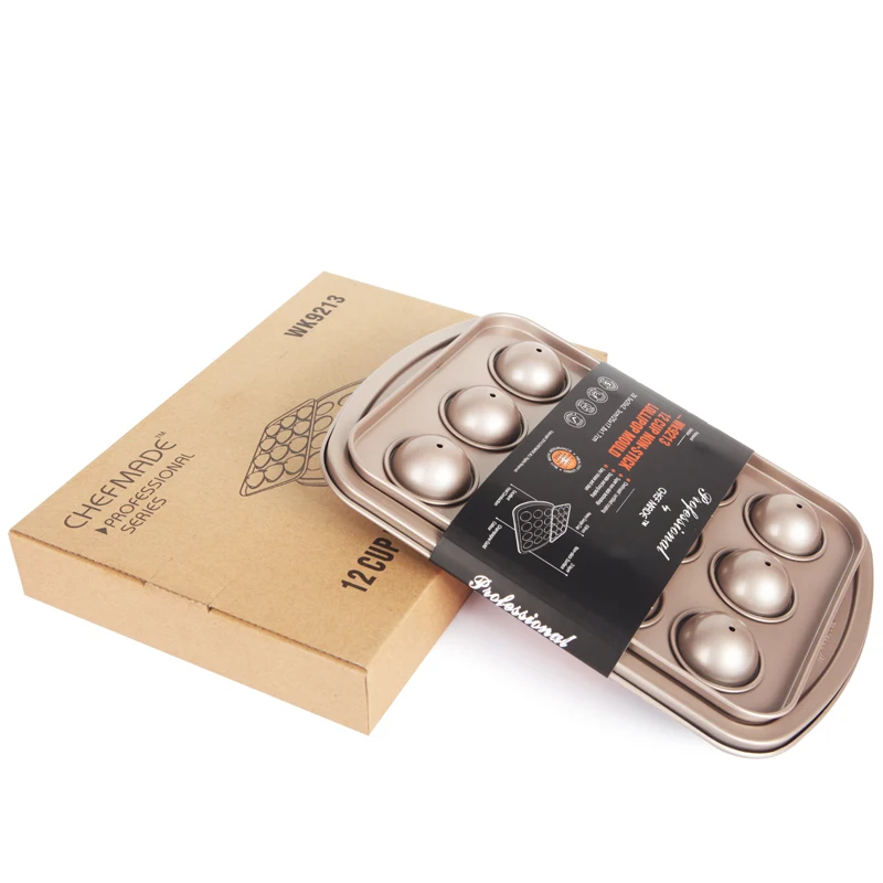 CHEFMADE 12 Cup Carbon Steel Non Stick Coating Champagne Gold Bakeware Tray Cake Dish Baking Mold Lollipop Mould