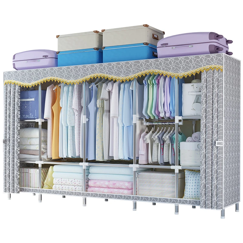 King Size Fabric Bedroom Closet Assembled Portable Wardrobe Sliding Door Wardrobe Metal Tube Clothes Storage Cabinet Armoire