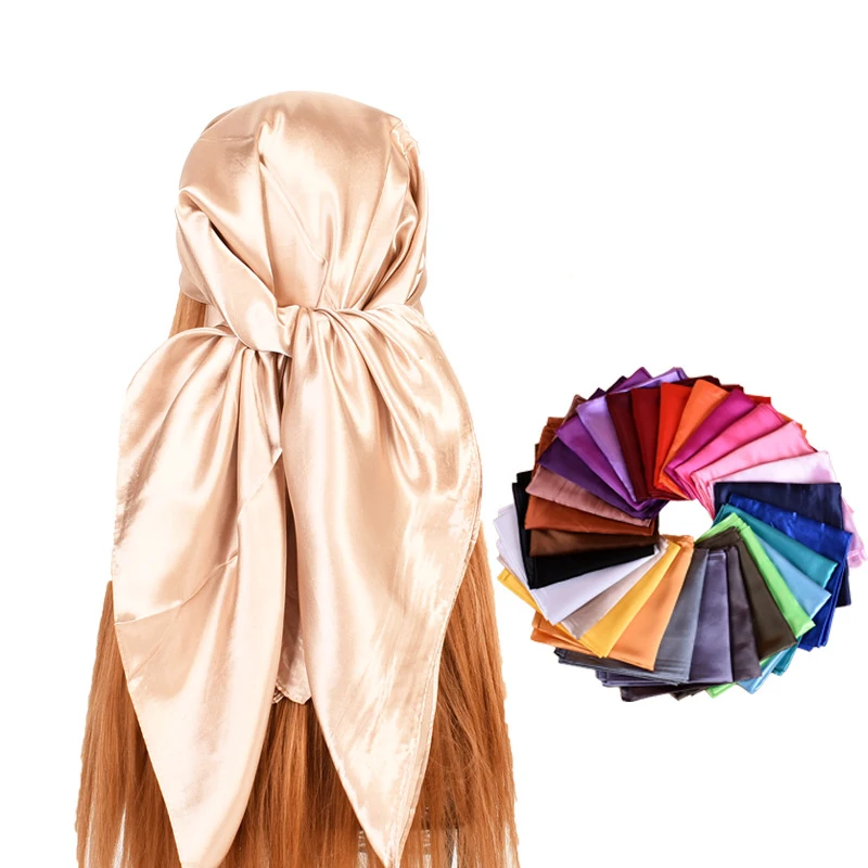 Custom In Bulk Printed Hair Wrap 90cm*90cm Solid Colors Black Colored Satin Shawl Silk Scarf