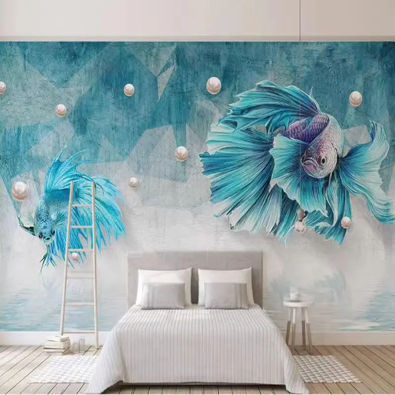 3D stereoscopic abstract lines guppy TV background wall covering bedroom bedside modern mural wall cloth