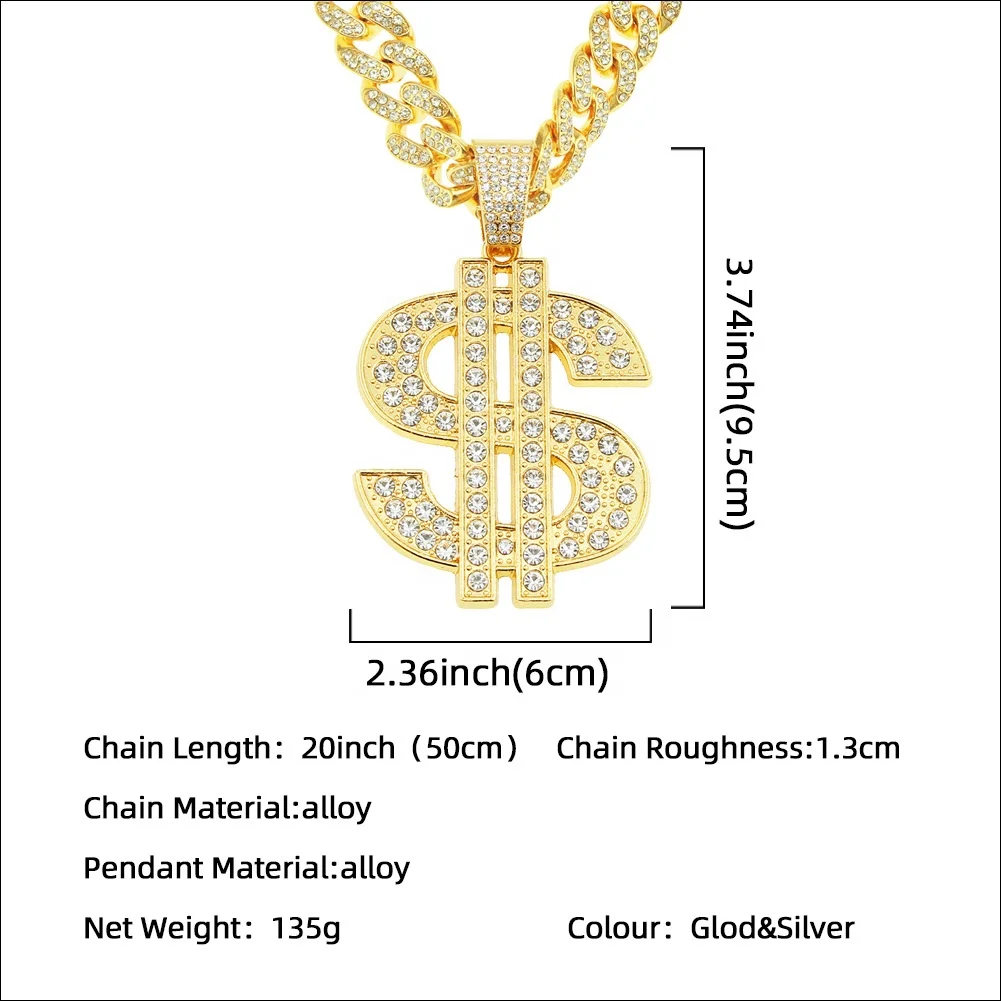 Iced Out Big Cuban Chain Jewelry Hip Hop Alloy With Rhinestone USD Dollar Symbol Pendant Necklace