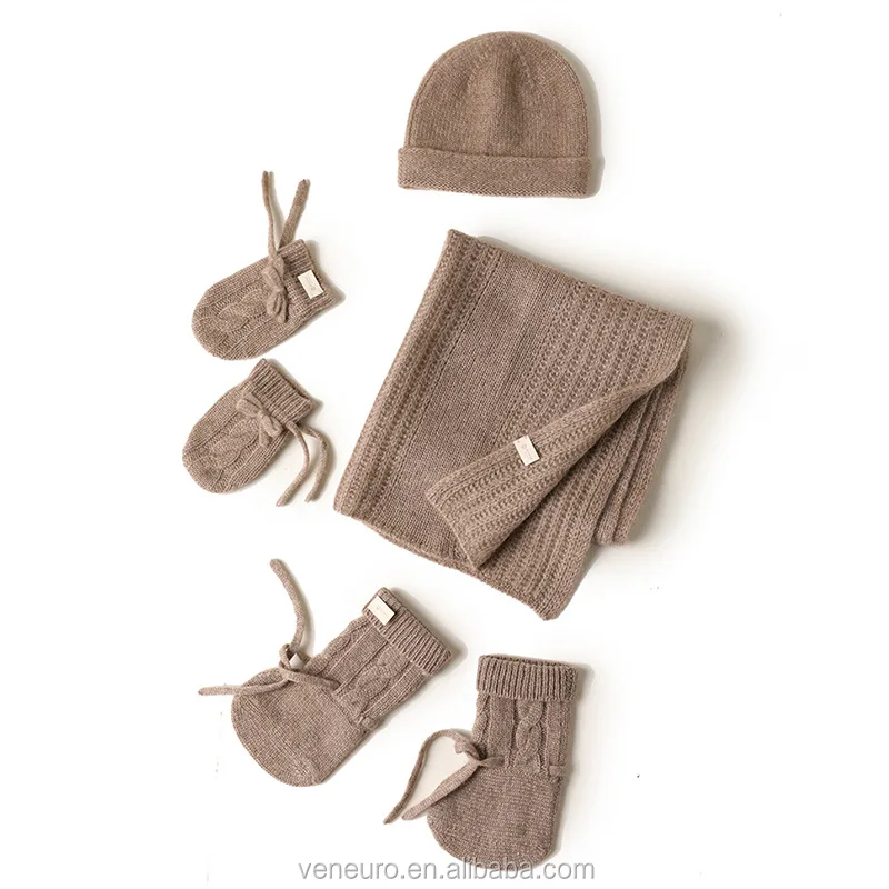 Warm real 100% cashmere kid knitted cute gloves scarf socks and hat 4-pieces suit for baby