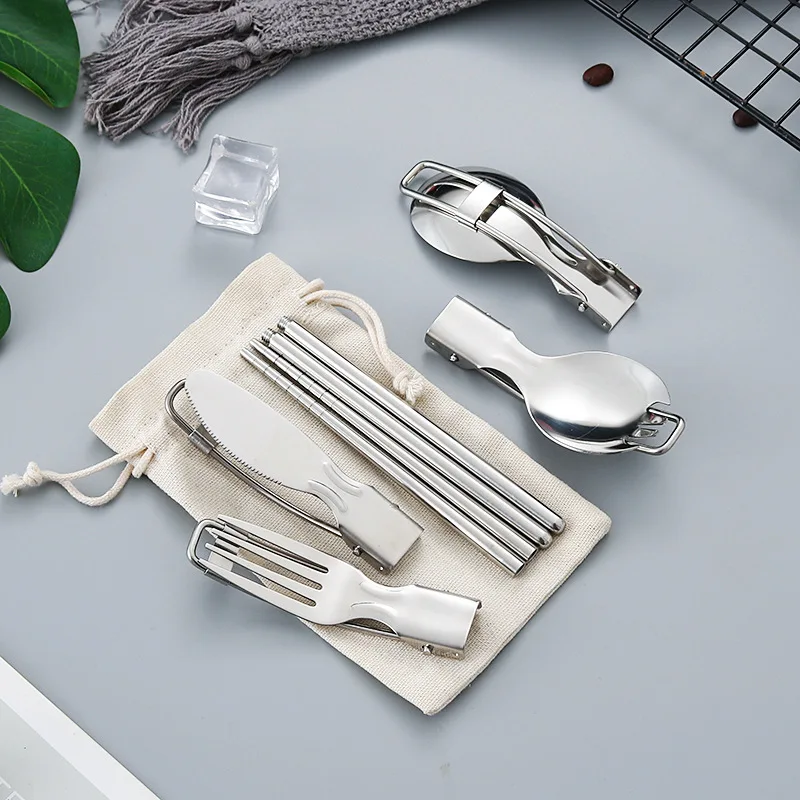 304 stainless steel outdoor picnic travel portable foldable tableware set