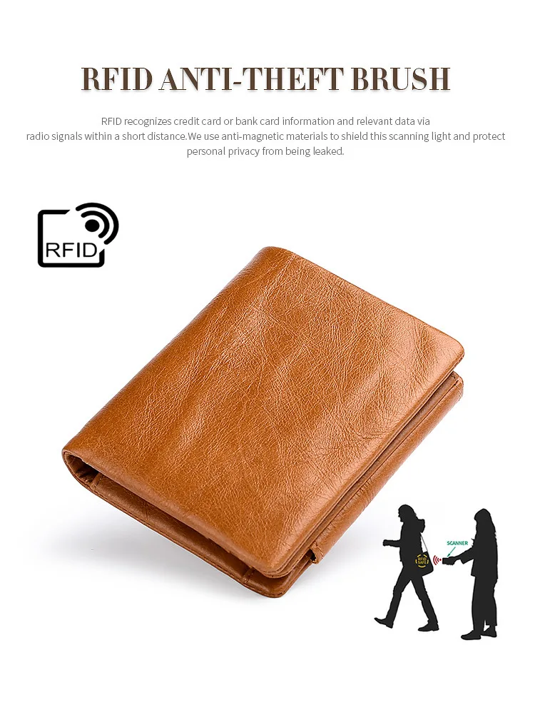 Free shipping Vintage soft oil wax leather anti-theft men trifold short wallet with zipper coin pocket