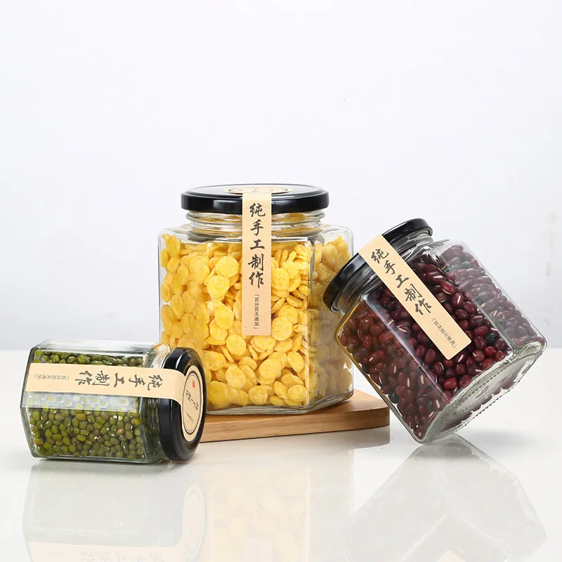 New Hexagonal Unique Promotional Various Sizes Airtight Glass Storage Jar Glass Honey Jar 100ml 180ml 280ml 380ml 500ml