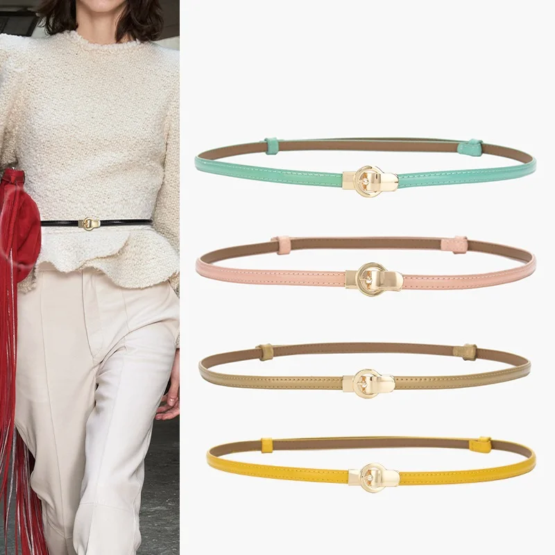 Factory Hot Selling Wholesale High Quality Dress Fashion Luxury Double Layer Cowhide Women Skinny Belt With Alloy Buckles