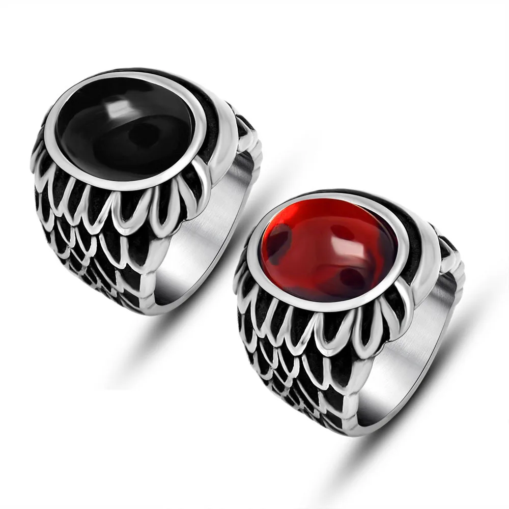 Wholesale Vintage Jewelry Stainless Steel Natural Oval Black Onyx Gem Ring Ottoman Mens Red Garnet Engraved Ring
