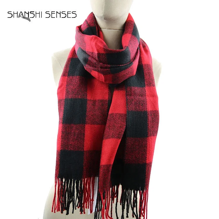 Wholesale Ladies Black Red Green Buffalo Plaid Plush Winter Pashmina Fashion Scarves