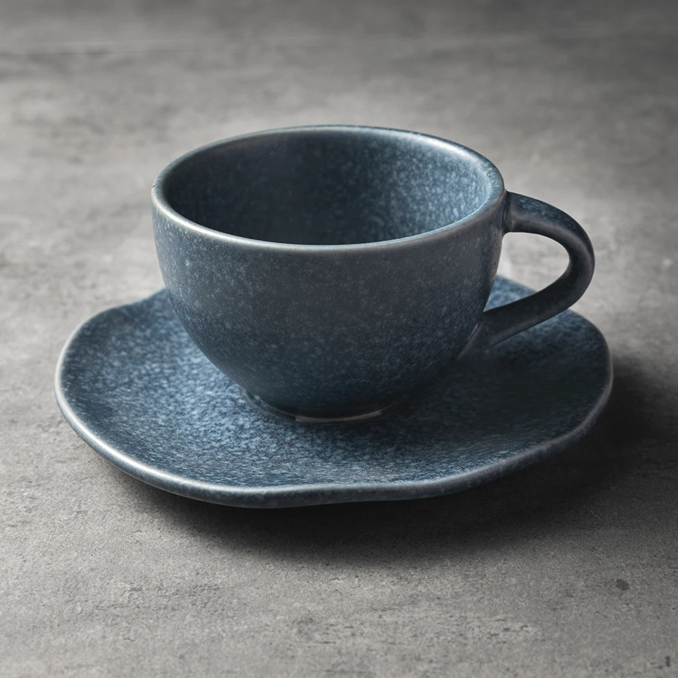 JiuJiuJu Wholesale Blue Speckled Porcelain Dots Cups Dinnerware Rustic Vajjila Coffee Mugs Pottoery Espresso Cup Set With