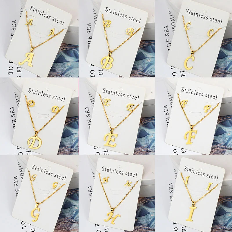Best Sell Customizable Stainless Steel Cross Chain 26 English Letters Pendant Necklace Earring Set for Women