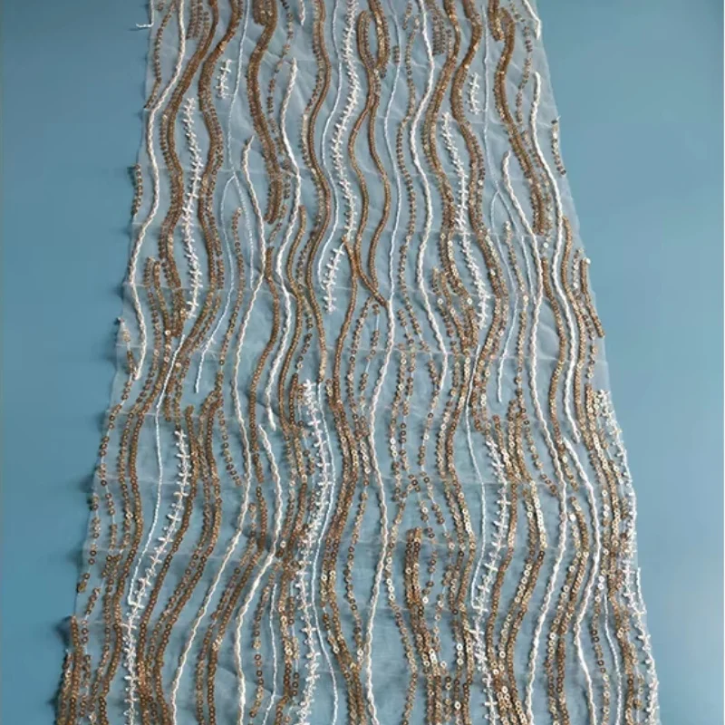 The Latest Fashion Wedding Bridal Tulle Embroidery Textile Gold Sequins Mesh Lace Fabric for Dress Trim
