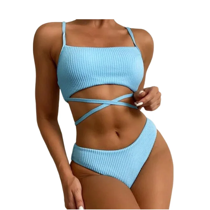 Hot Sale  Women Sexy Tether Split High Waist Ribbed Bikini Swimsuit Solid Cross Bikini Swimsuit