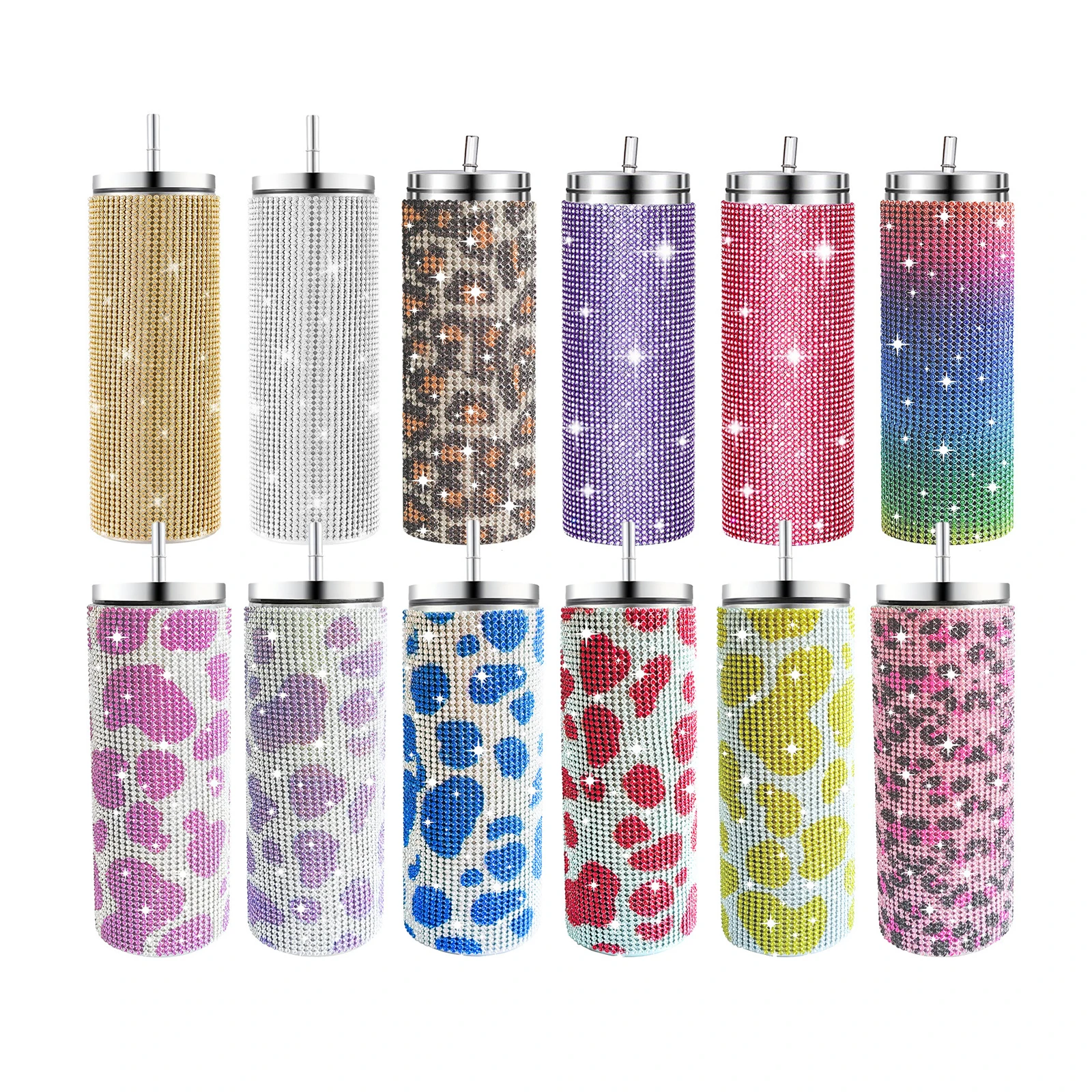 20oz Bling Stainless Steel Tumblers Thermal Coffee Crystal Mug for Traveling Rhinestone Straight Cup with Straw Water Bottle