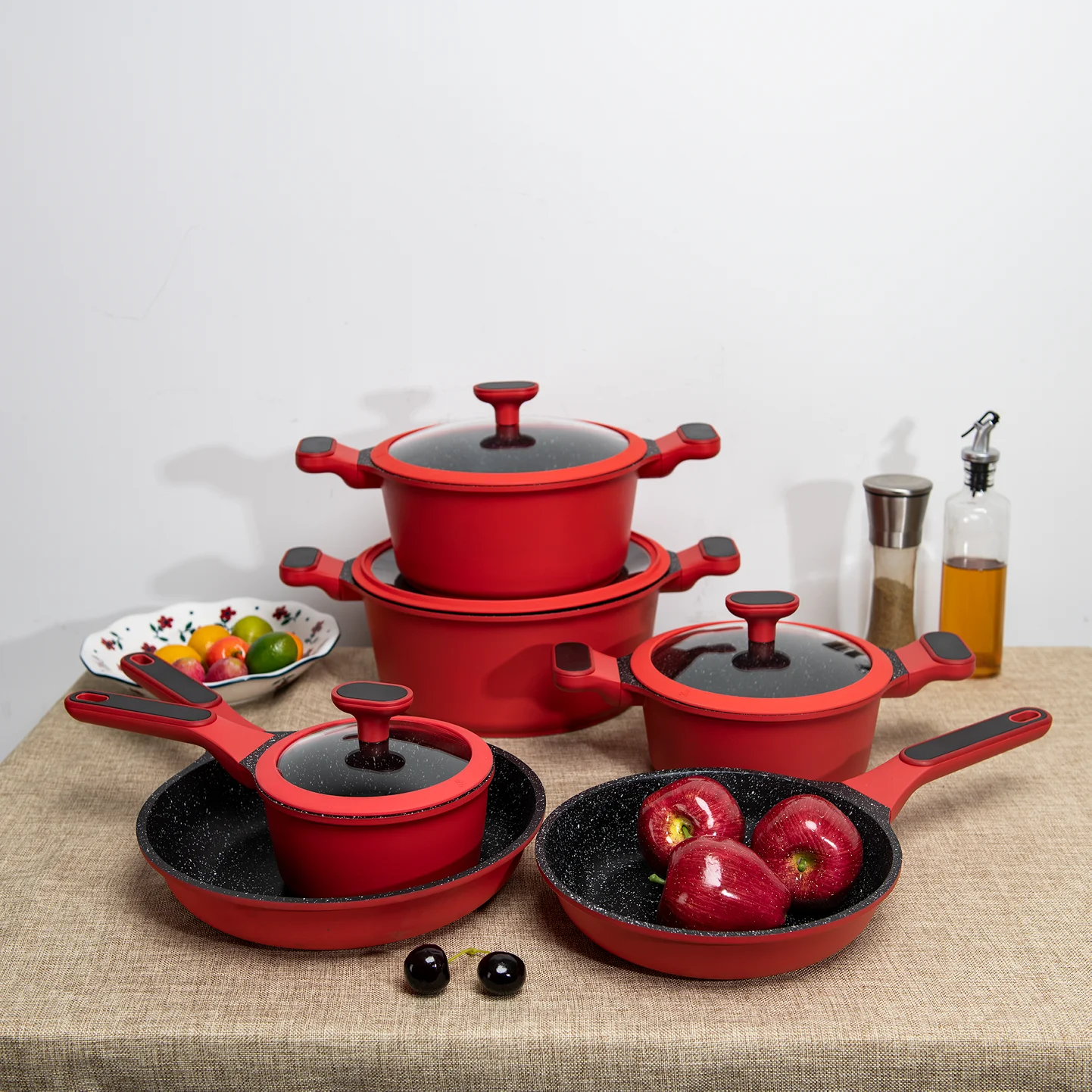 BESCO Nontoxic Escalation Series 10pcs Home Usage Cooking Pots Cookware Set Non Stick With Silicone Glass Lid and Induction Base