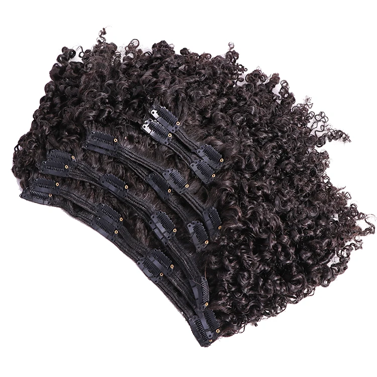 Natural Black 7 PCs 100 Raw Indian Temple Hair Afro Kinky Curly Human Hair Clip In Extensions