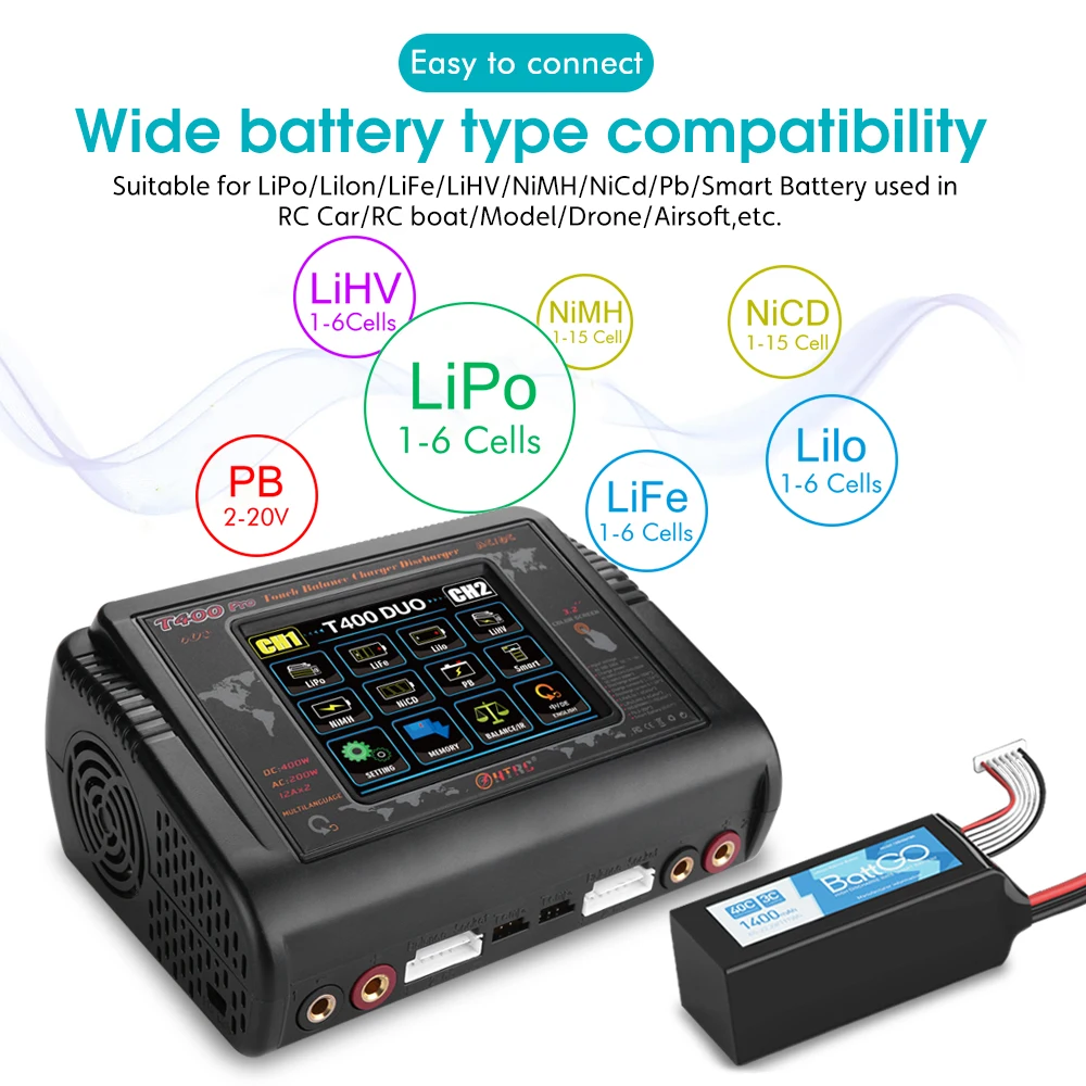 HTRC T400 DUO AC 200W  DC 400W 12A*2 RC Toy Balance charger for LiPo LiHV LiFe Lilon NiCd NiMh Pb battery