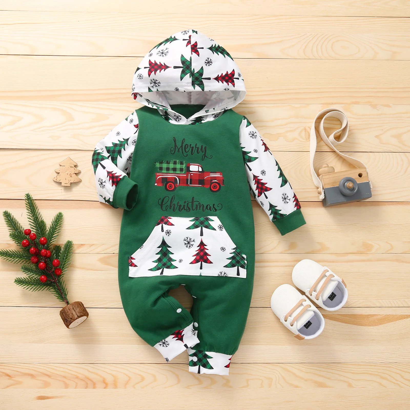 Christmas Winter Knit Baby Romper Baby Rompers Wholesale Cartoon Print Hooded Baby Romper
