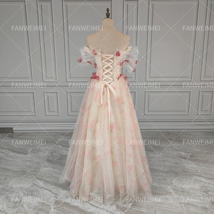 Wholesale FWM White A-line Elegant Floral Tulle Evening Party Dress Floor-length Sweet Pink Formal Party Gowns Vestido De Festa