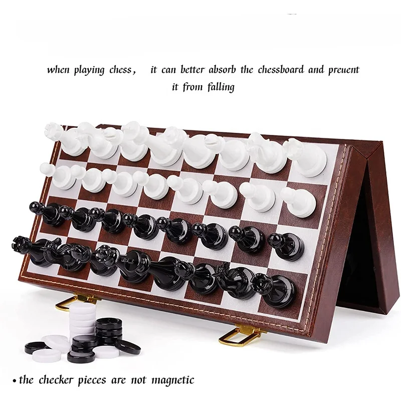 Magnetic Chess Set Checkers Game Set for Adults Kids (2 in 1) Magnetic Chess Pieces & Portable Folding Leather Chess Board