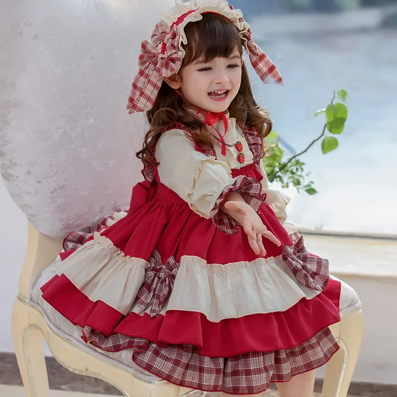 Baby Girl Autumn Winter Red Lolita Dress Vintage Spanish Ball Princess Kids Christmas Birthday Ball Gown Dress