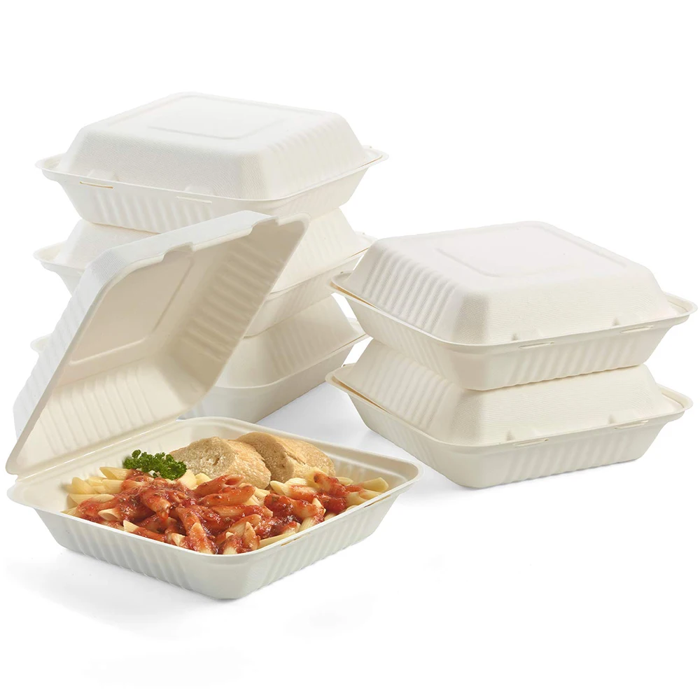 Square Takeout Box Hinged Sugarcane Bagasse Clamshell Packaging Disposable Box Compostable Food Container