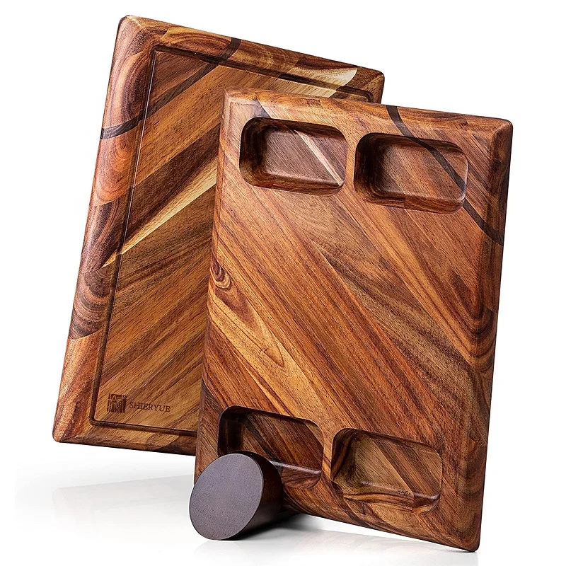 Large Contour wooden Kitchen Board with Stand, Double-Sided Acacia Wood Chopping Board with Juice Groove and 4 Bowls