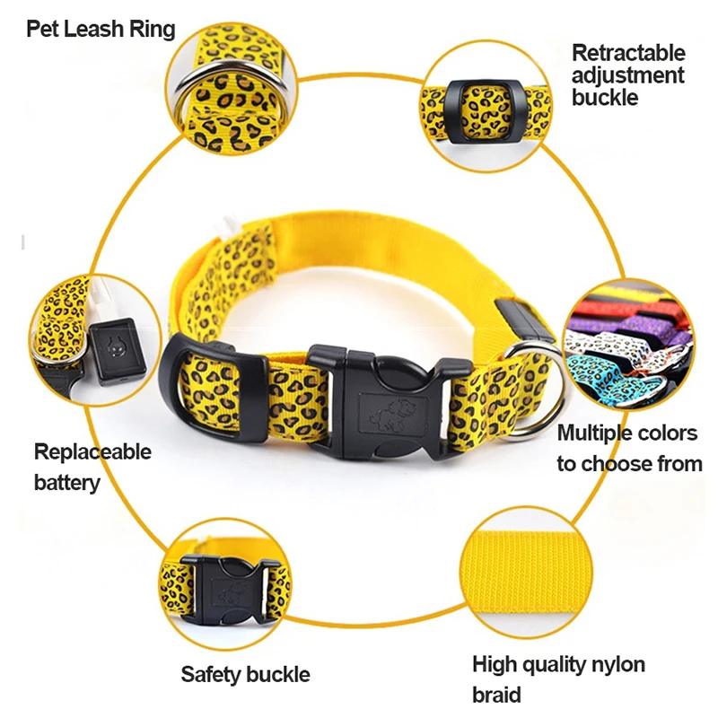 LED Dog Collar Adjustable Luminous Leopard Glowing Collar for Dogs Electronic Pet Night Safety Nylon Flashlight LED Cat Collar