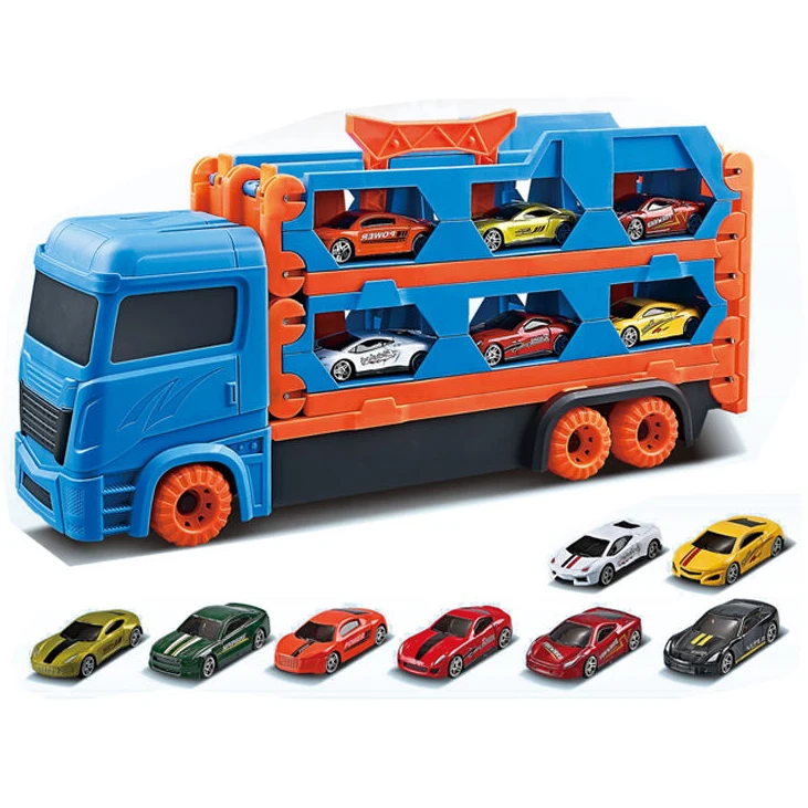Hot Selling Pull-Back Vehicle Kids Inertia Truck Play Set Trailer Truck Ejection Storage Folding Rail Car