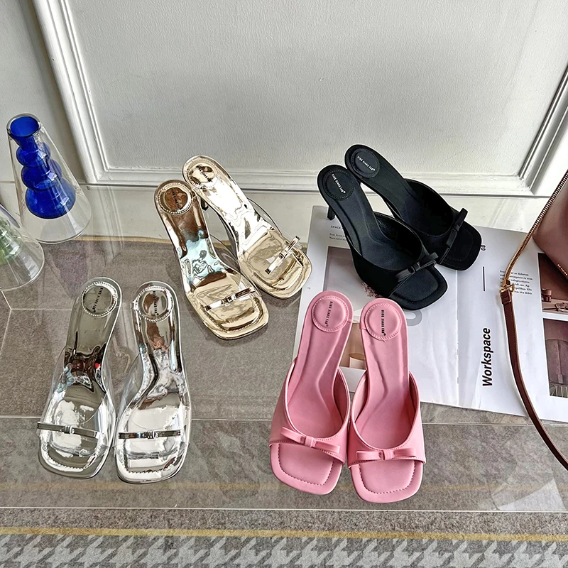2024 Summer New Elegant Bow High Heel Sandal Simple and Versatile Square Heel Slippers